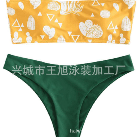 Damen Bandeau-Bikini mit verspieltem Kaktus-Muster EB