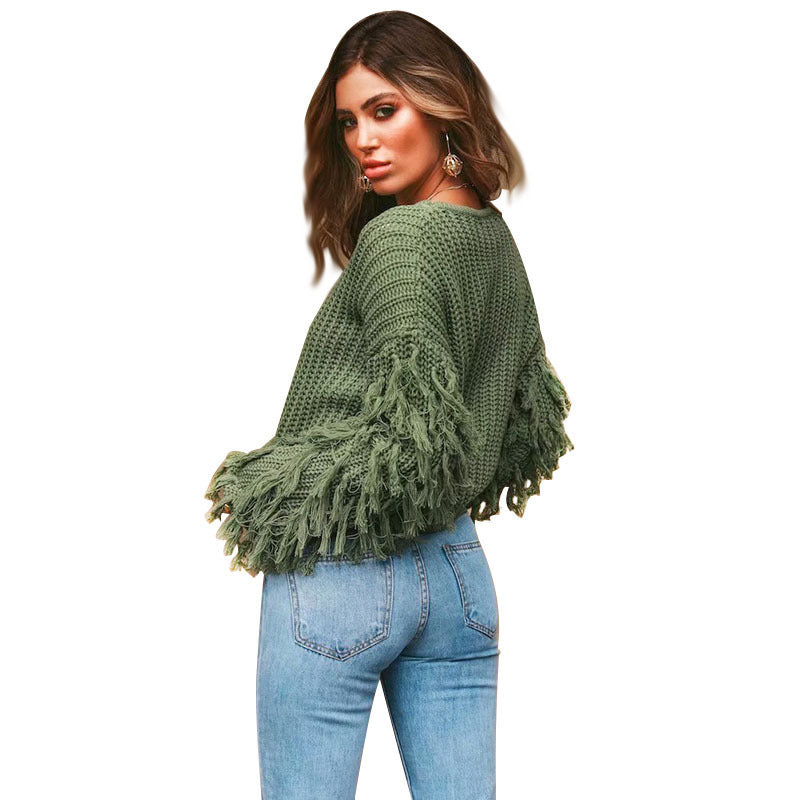 Damen trendiger Strickpullover mit fransigen Ärmeln EB