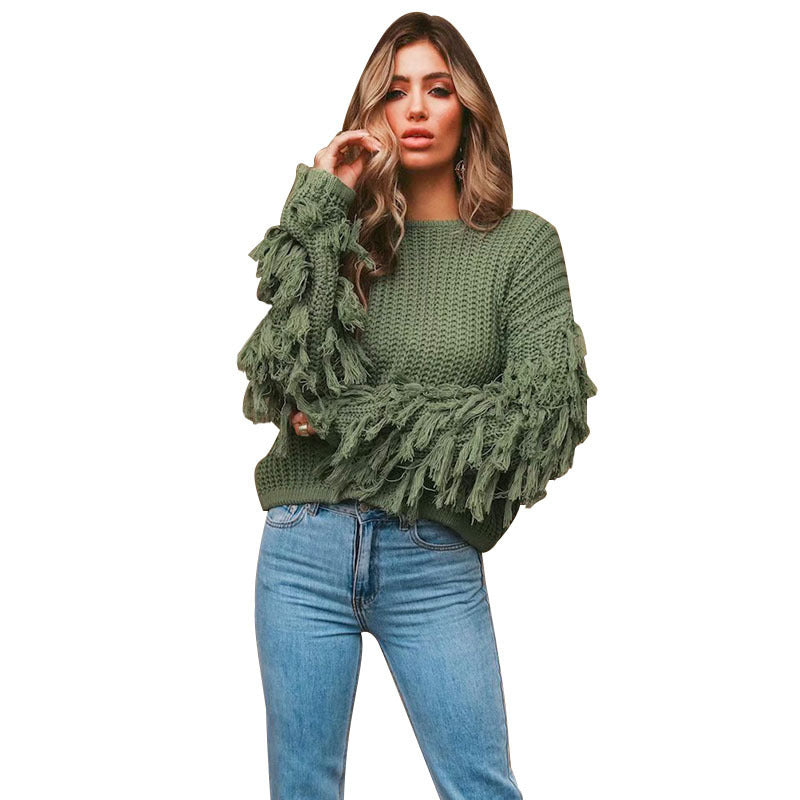 Damen trendiger Strickpullover mit fransigen Ärmeln EB