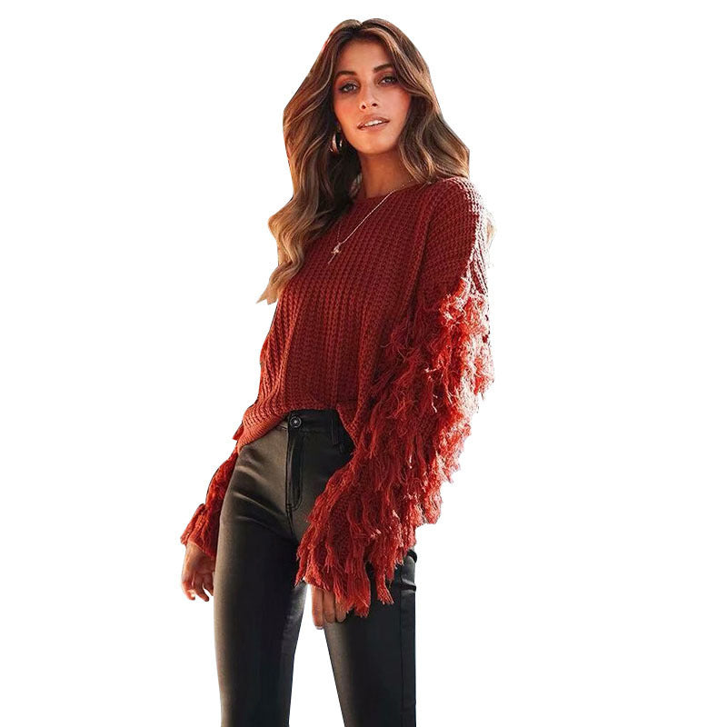 Damen trendiger Strickpullover mit fransigen Ärmeln EB
