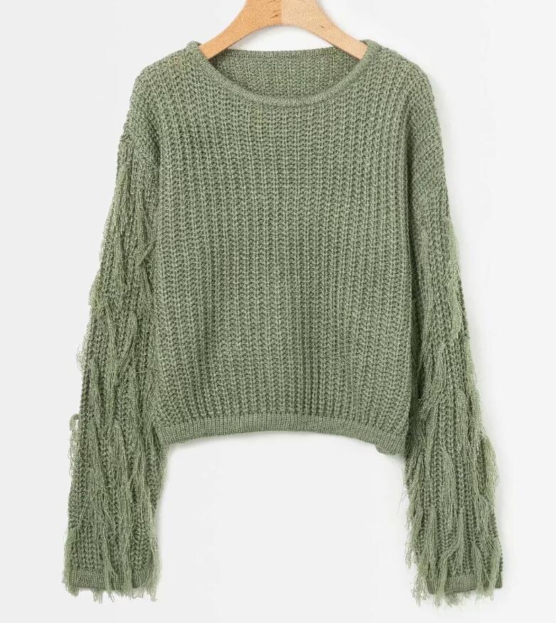 Damen gemütlicher Strickpullover mit lässigen Fransenärmel EB