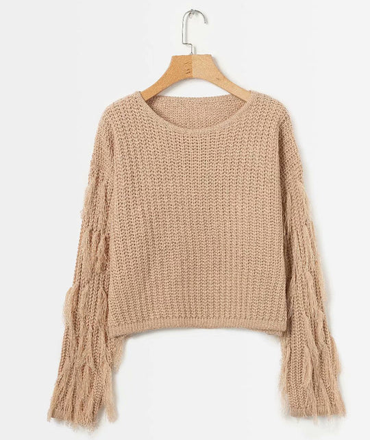 Damen Strickpullover mit ausgefallenen Fransenärmel EB