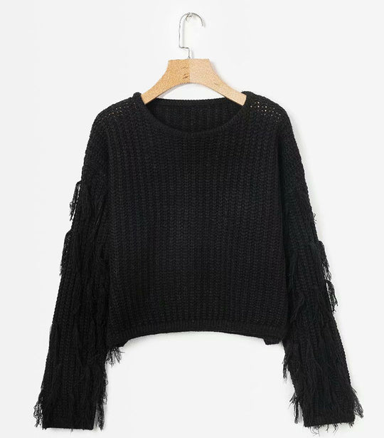 Damen Strickpullover mit ausgefallenen Fransenärmel EB