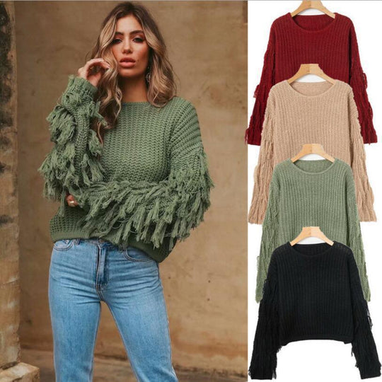 Damen modischer Strickpullover mit fransigen Ärmeln und besonderem Strukturmuster EB