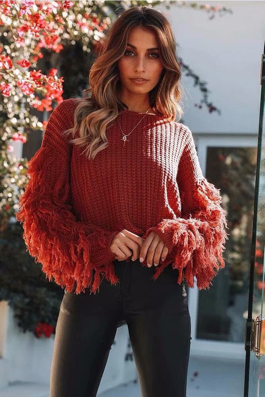 Damen Pullover mit strukturierten Fransenärmel EB