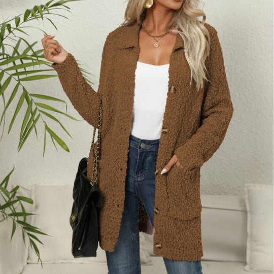 EB | Lange Teddyjacke mit Knopfverschluss Fleece Weich und Warm