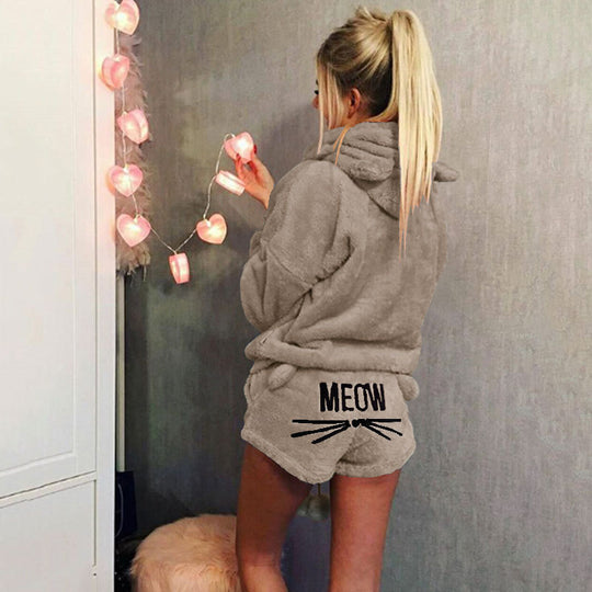 Damen nan kuscheliges zweiteiliges Lounge-Set mit Kapuzenpullover und Shorts mit MEOW-Stickerei EB