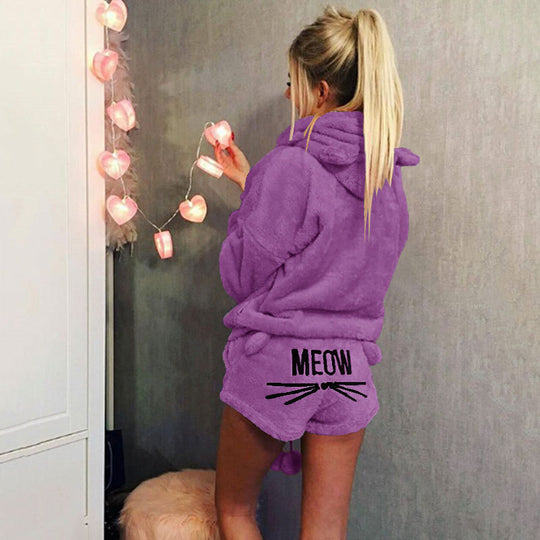 Damen nan kuscheliges zweiteiliges Lounge-Set mit Kapuzenpullover und Shorts mit MEOW-Stickerei EB