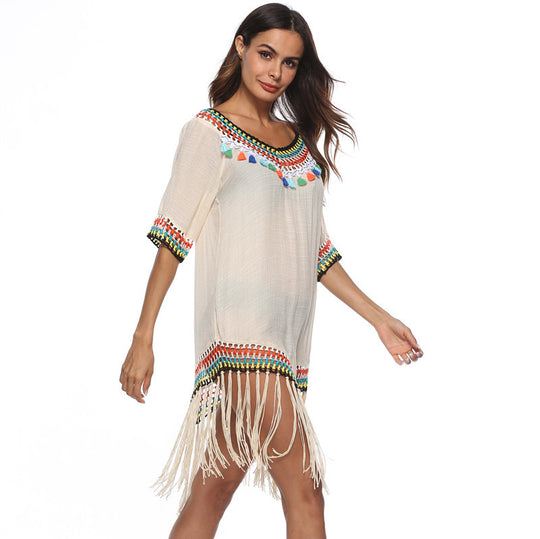 Damen Strandüberwurfkleid mit fransigem Saum und buntem Häkelmuster EB