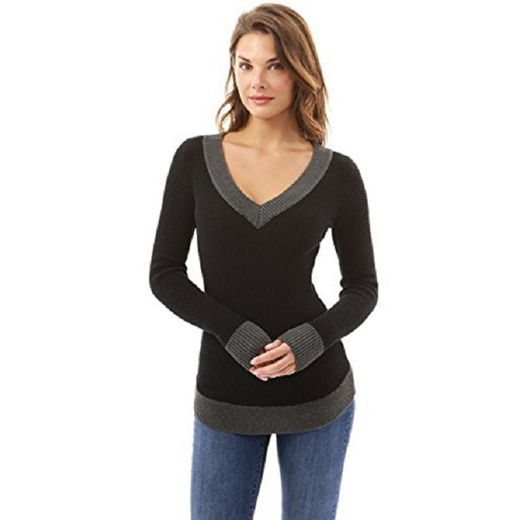 Damen eleganter V-Ausschnitt Pullover mit feinem Strukturstrick EB