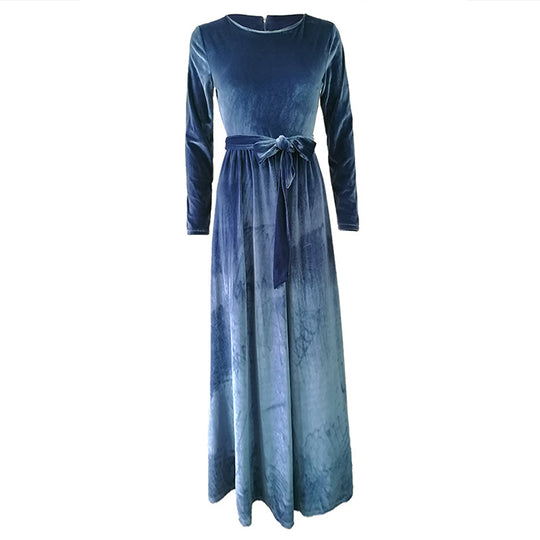 Damen elegantes Maxikleid aus weichem Samt mit Taillengurt EB