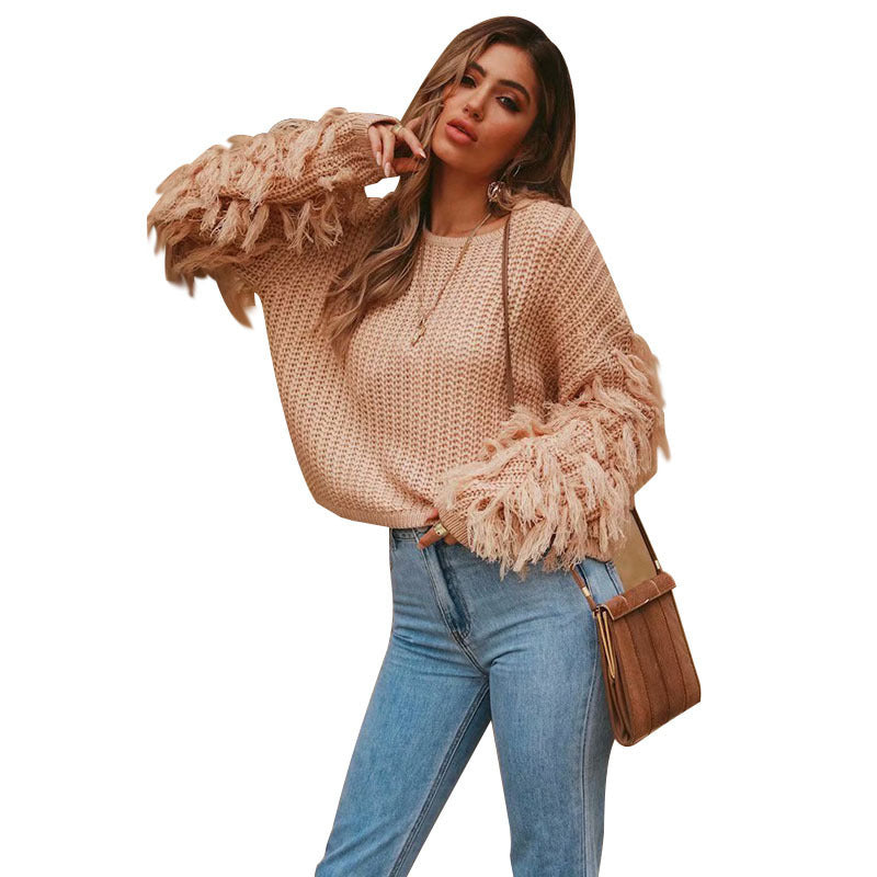 Damen trendiger Strickpullover mit fransigen Ärmeln EB