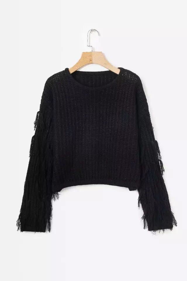 Damen trendiger Strickpullover mit fransigen Ärmeln EB