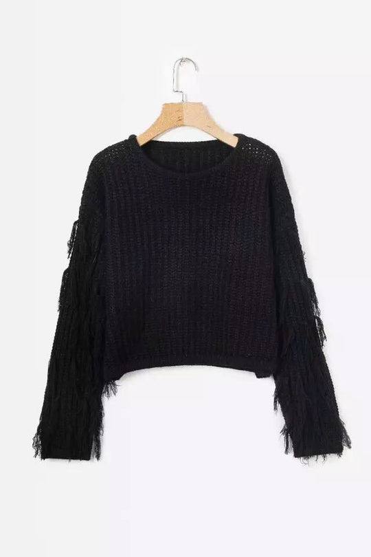 Damen trendiger Strickpullover mit fransigen Ärmeln EB