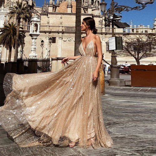 Damen Glamouröses Abendkleid mit tiefem V-Ausschnitt und strahlenden Pailletten EB