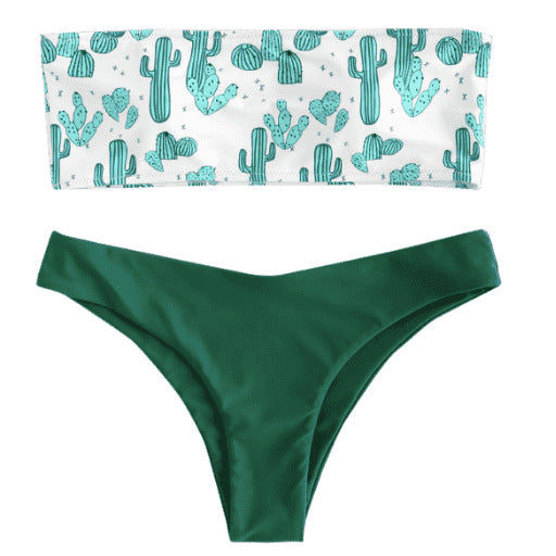 Damen Bandeau-Bikini mit verspieltem Kaktus-Muster EB