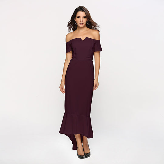 Damen Off-Shoulder Abendkleid mit elegantem V-Ausschnitt und Fließendem Saum EB