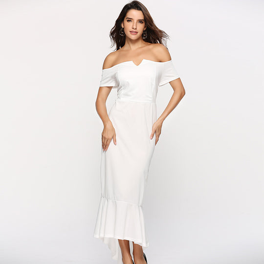Damen Off-Shoulder Abendkleid mit elegantem V-Ausschnitt und Fließendem Saum EB