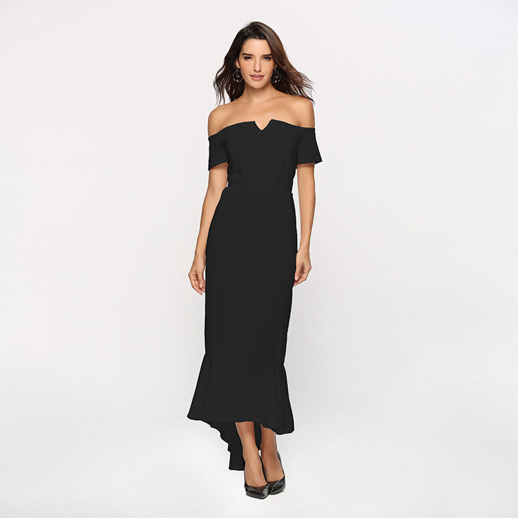 Damen Off-Shoulder Abendkleid mit elegantem V-Ausschnitt und Fließendem Saum EB