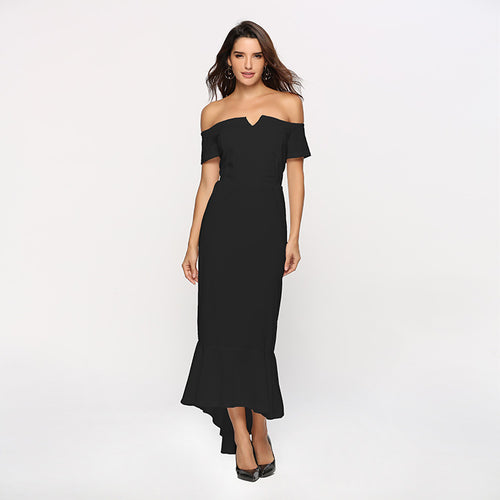 Damen Off-Shoulder Abendkleid mit elegantem V-Ausschnitt und Fließendem Saum EB