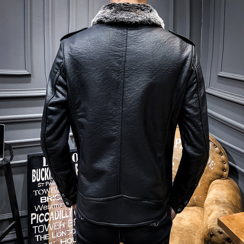 Herren Biker-Lederjacke mit Kunstfellkragen und militärischen Abzeichen EB