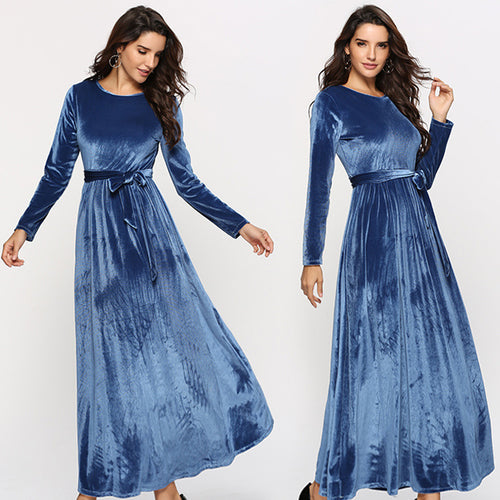 Damen elegantes Maxikleid aus weichem Samt mit Taillengurt EB