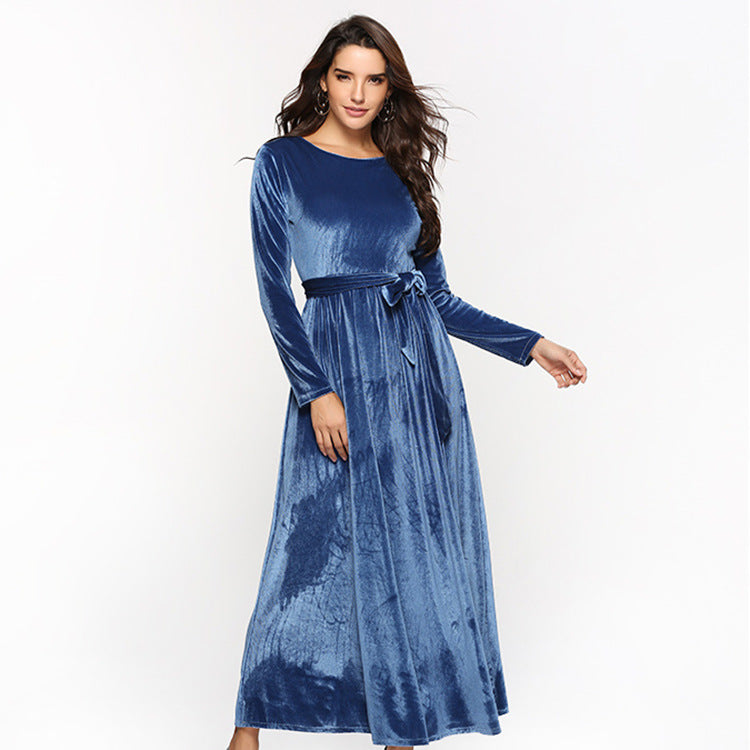 Damen elegantes Maxikleid aus weichem Samt mit Taillengurt EB