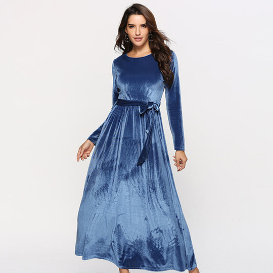 Damen elegantes Maxikleid aus weichem Samt mit Taillengurt EB