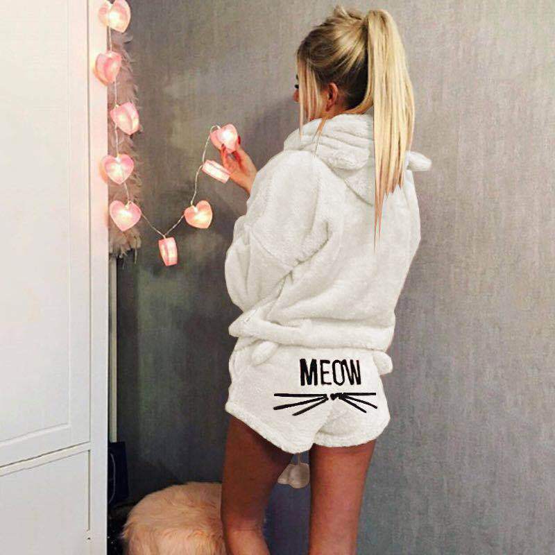 Damen nan kuscheliges zweiteiliges Lounge-Set mit Kapuzenpullover und Shorts mit MEOW-Stickerei EB