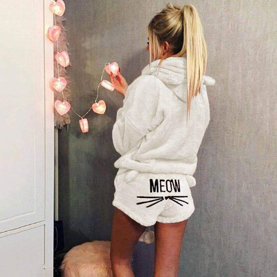 Damen nan kuscheliges zweiteiliges Lounge-Set mit Kapuzenpullover und Shorts mit MEOW-Stickerei EB