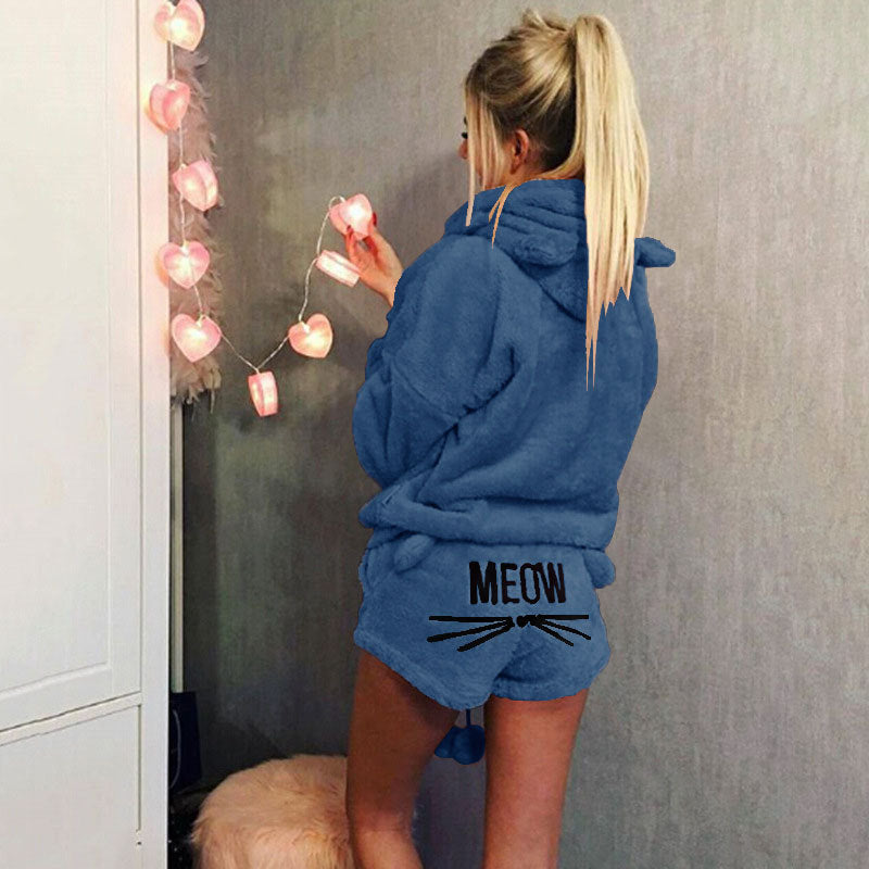 Damen nan kuscheliges zweiteiliges Lounge-Set mit Kapuzenpullover und Shorts mit MEOW-Stickerei EB