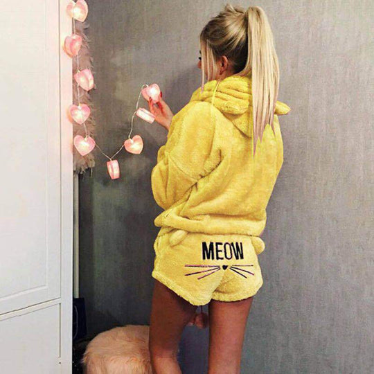 Damen nan kuscheliges zweiteiliges Lounge-Set mit Kapuzenpullover und Shorts mit MEOW-Stickerei EB