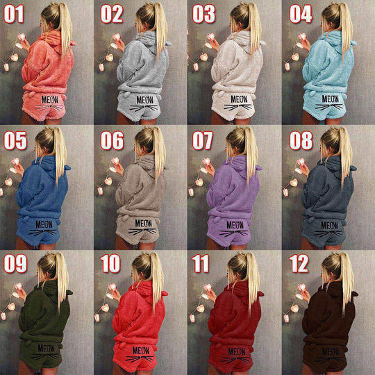 Damen nan kuscheliges zweiteiliges Lounge-Set mit Kapuzenpullover und Shorts mit MEOW-Stickerei EB