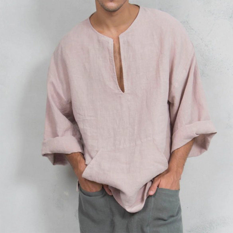 Herren lässiges Leinenoberteil mit Henley-Ausschnitt und praktischer Kängurutasche EB