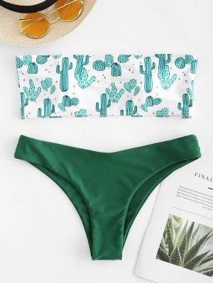 Damen Bandeau-Bikini mit verspieltem Kaktus-Muster EB