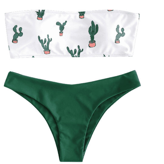 Damen Bandeau-Bikini mit verspieltem Kaktus-Muster EB