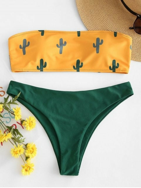 Damen Bandeau-Bikini mit verspieltem Kaktus-Muster EB