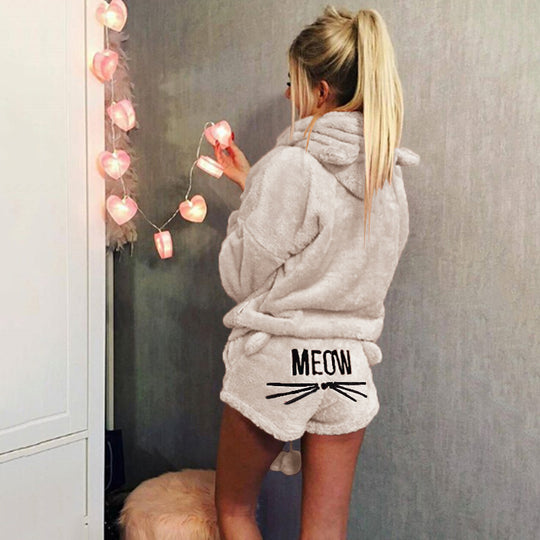 Damen nan kuscheliges zweiteiliges Lounge-Set mit Kapuzenpullover und Shorts mit MEOW-Stickerei EB