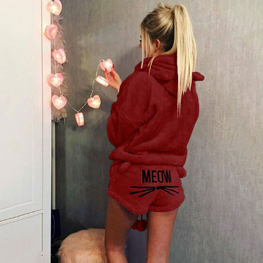 Damen nan kuscheliges zweiteiliges Lounge-Set mit Kapuzenpullover und Shorts mit MEOW-Stickerei EB