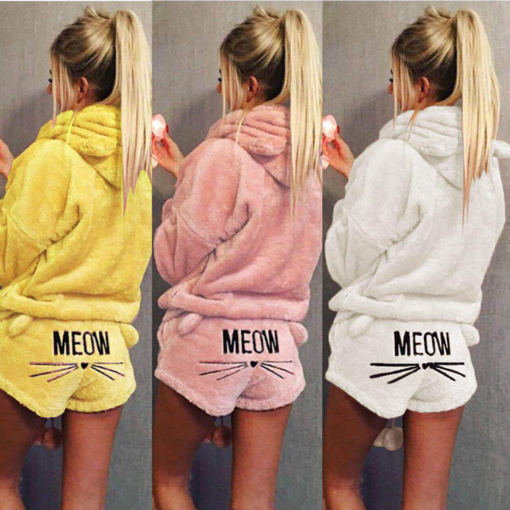 Damen nan kuscheliges zweiteiliges Lounge-Set mit Kapuzenpullover und Shorts mit MEOW-Stickerei EB