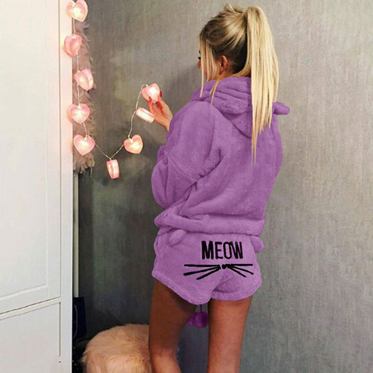 Damen nan kuscheliges zweiteiliges Lounge-Set mit Kapuzenpullover und Shorts mit MEOW-Stickerei EB