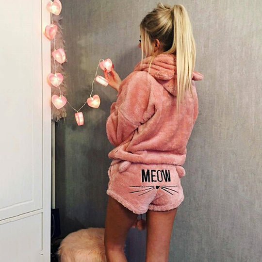 Damen nan kuscheliges zweiteiliges Lounge-Set mit Kapuzenpullover und Shorts mit MEOW-Stickerei EB