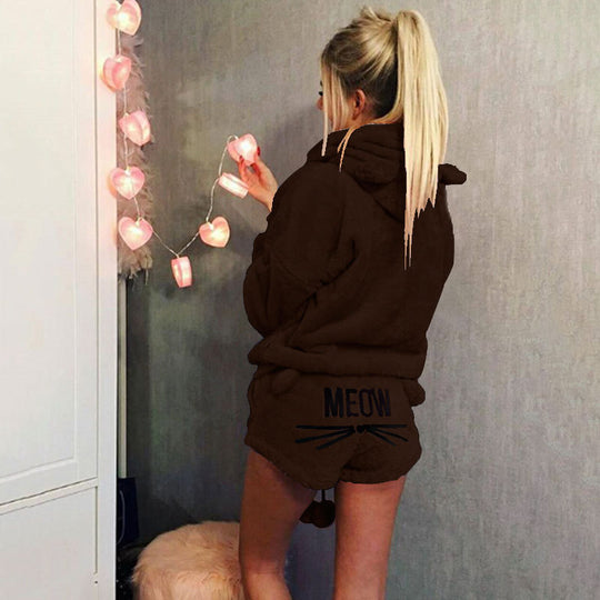 Damen nan kuscheliges zweiteiliges Lounge-Set mit Kapuzenpullover und Shorts mit MEOW-Stickerei EB