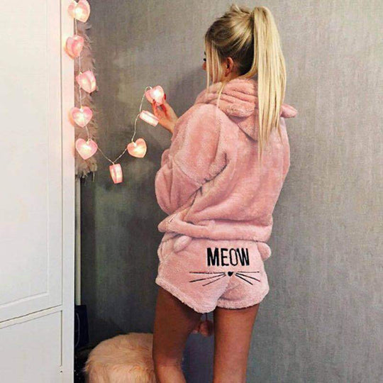 Damen nan kuscheliges zweiteiliges Lounge-Set mit Kapuzenpullover und Shorts mit MEOW-Stickerei EB