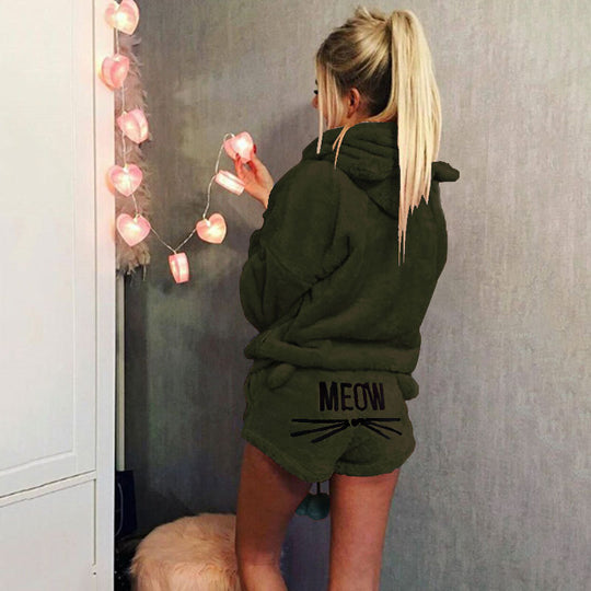 Damen nan kuscheliges zweiteiliges Lounge-Set mit Kapuzenpullover und Shorts mit MEOW-Stickerei EB