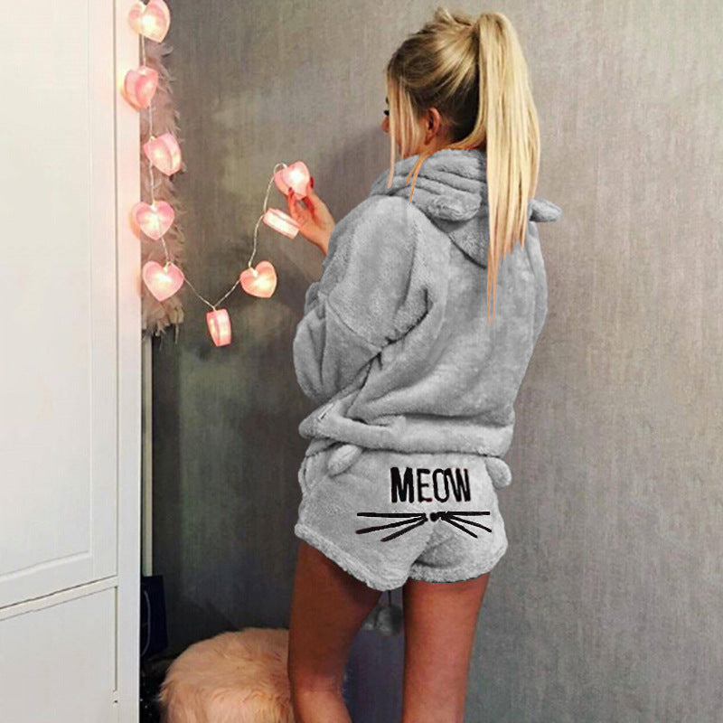 Damen nan kuscheliges zweiteiliges Lounge-Set mit Kapuzenpullover und Shorts mit MEOW-Stickerei EB
