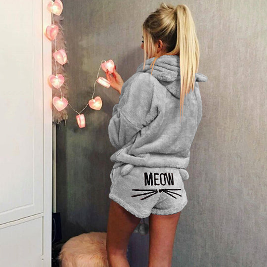 Damen nan kuscheliges zweiteiliges Lounge-Set mit Kapuzenpullover und Shorts mit MEOW-Stickerei EB