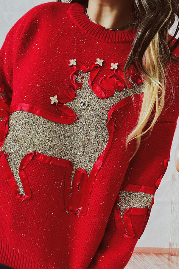 EB | Weihnachtsmuster Gestrickter Rundhalsausschnitt Langarmpullover