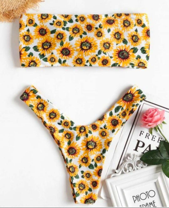 Damen Bandeau-Bikini mit verspieltem Kaktus-Muster EB