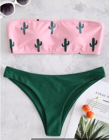 Damen Bandeau-Bikini mit verspieltem Kaktus-Muster EB